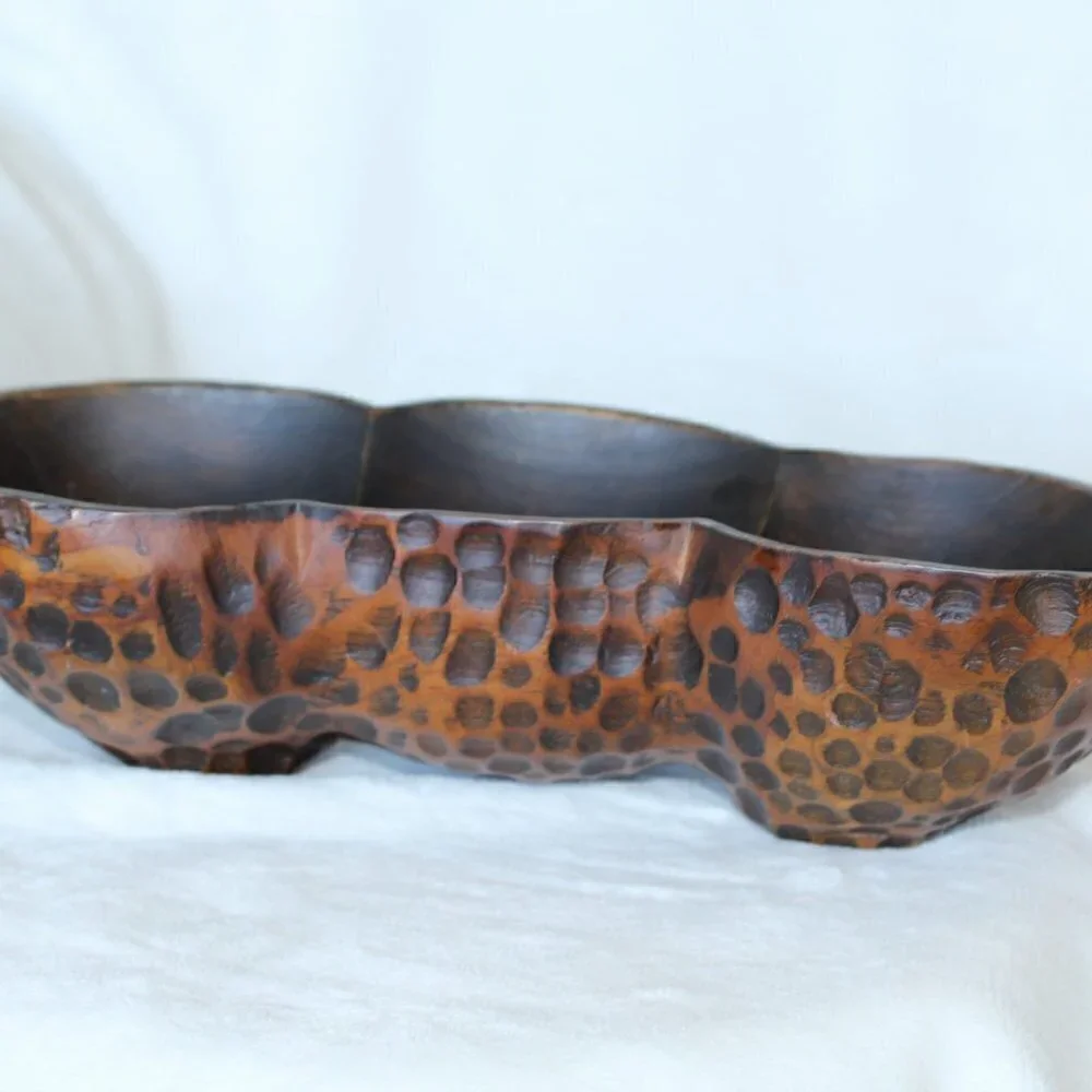 Vintage peanut shape fine wooden bowl carved animal print texture divided dish